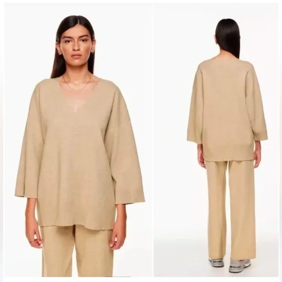 Aritzia Wilfred Free Souvenir Sweater Heather Taupe V Neck 3/4 Sleeve Oversized - Picture 2 of 15